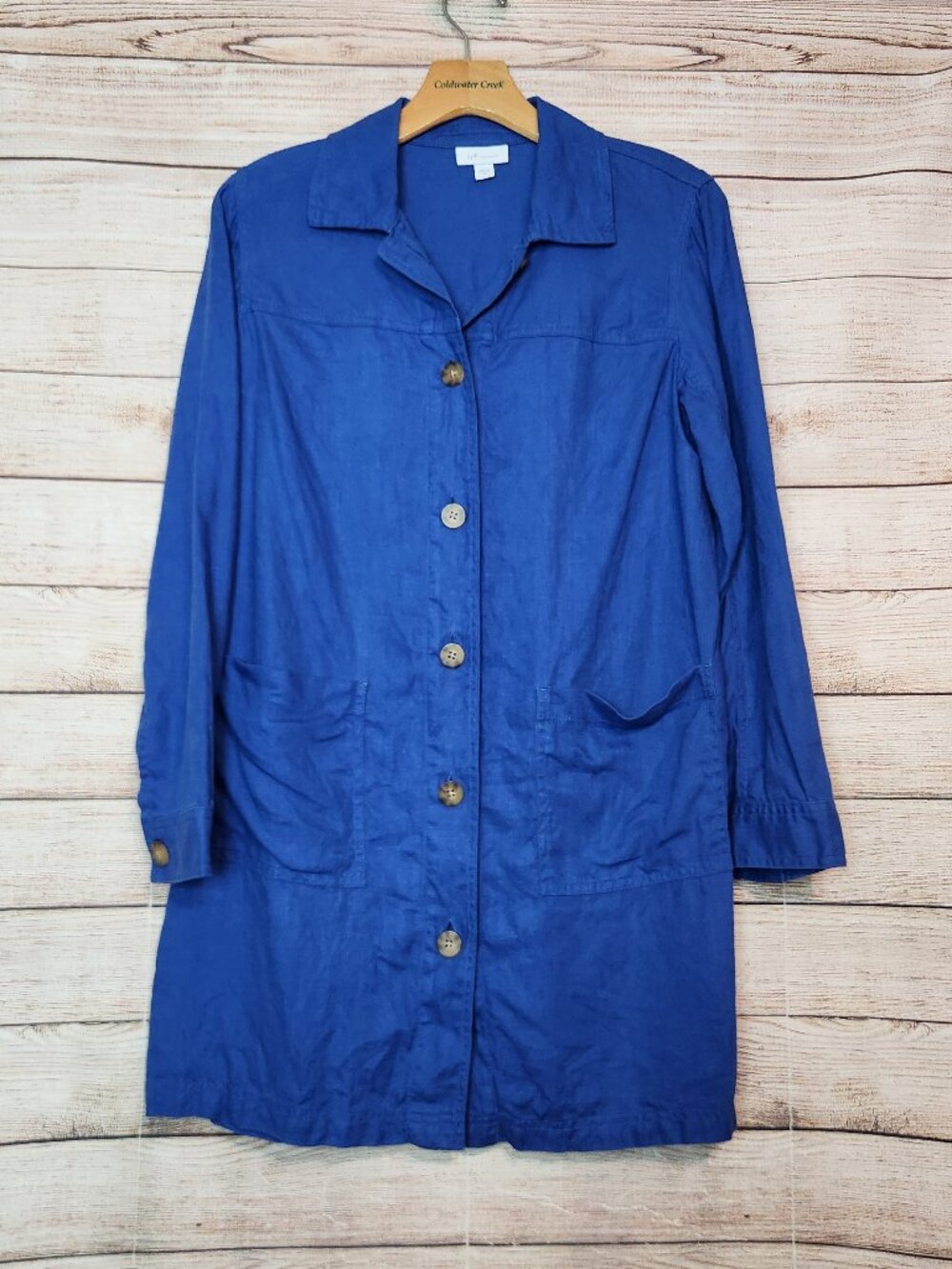 J Jill Jacket Women's XS Blue Love Linen Duster Tunic Pockets Shacket Big Button